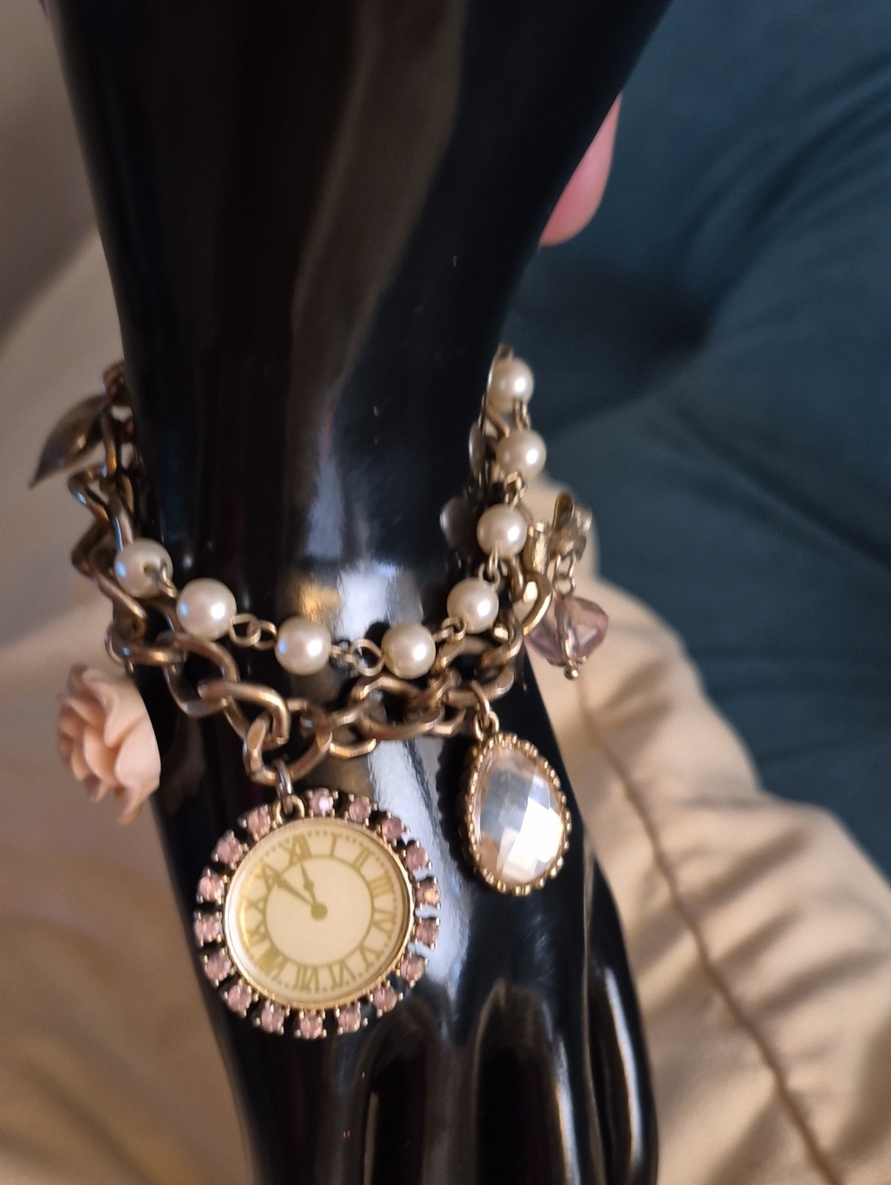 Vintage multi strand Pearl  Heart Floral charm bracelet